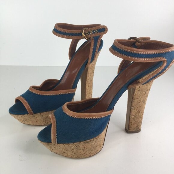 SERGIO ROSSI Blue/Brown Peep Toe Cork Platform Denim Sandal - Picture 7 of 8